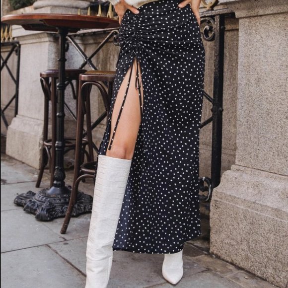 Polka Dot Drawstring Ruched Split Thigh Skirt - Picture 1 of 5